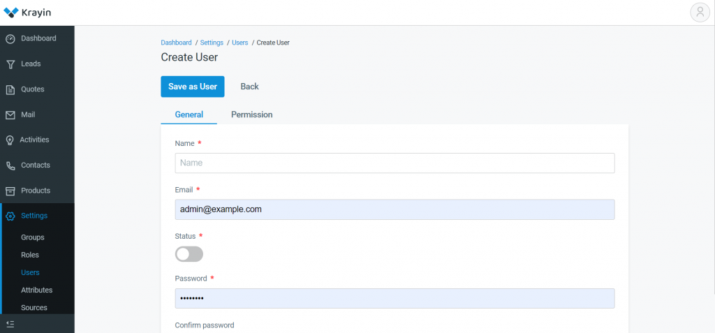 Go to Dashboard -> Setting -> Users -> Create User, next page will appear like below. 