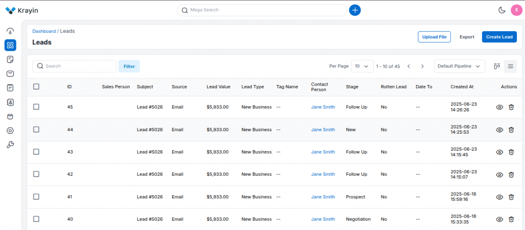 list view of leads