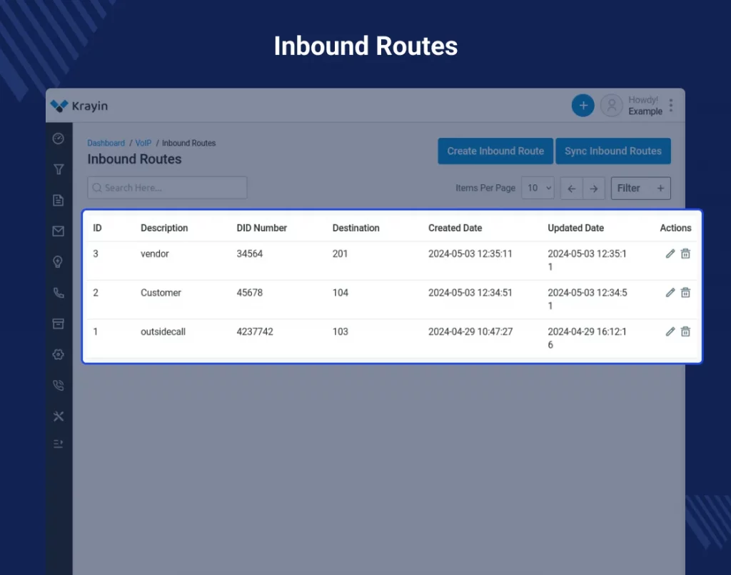 Inbound routes in Krayin CRM VoIP feature